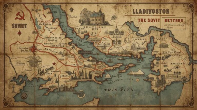 Historical Vladivostock Soviot Union map showing Soviet Far East borders, Vladivostok port, and WW2 Pacific routes. Overview
